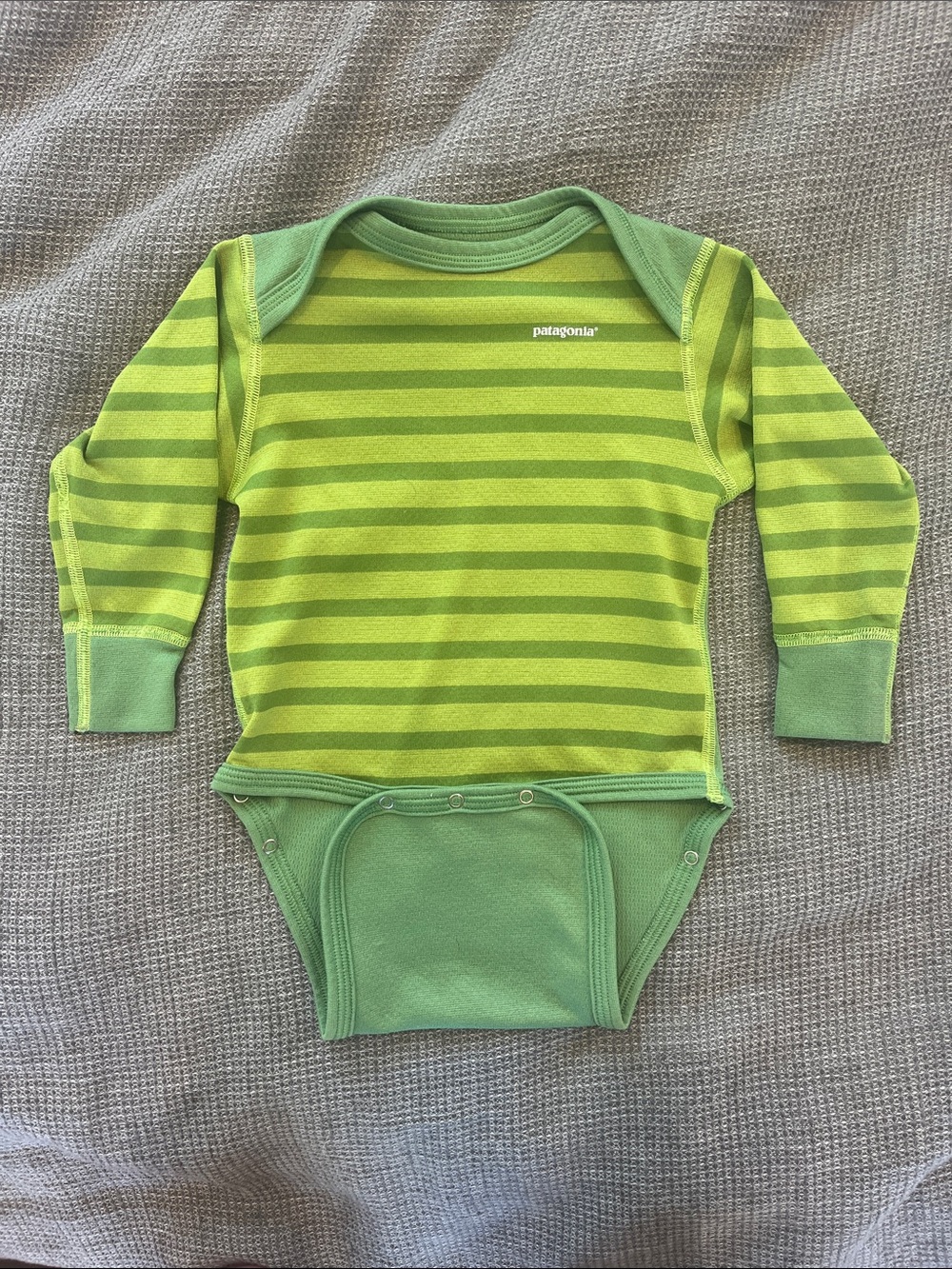 Patagonia Capilene 3 Green Striped Long-Sleeve Baby Onesie